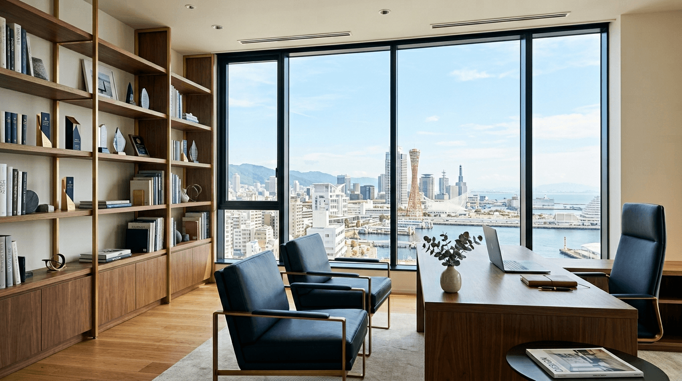 神戸の街並みが見える洗練されたブランディングオフィス